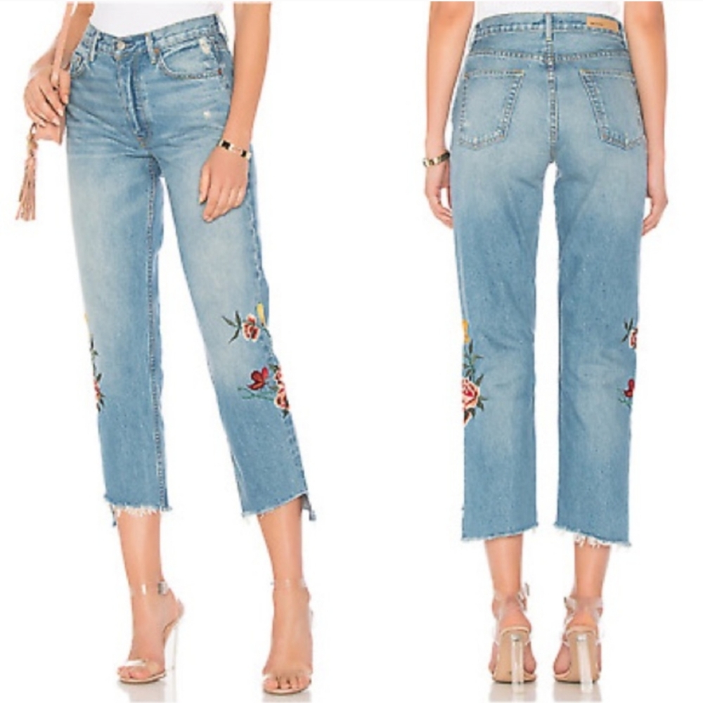 GRLFRND Helena jeans floral embroider cropped raw hem size